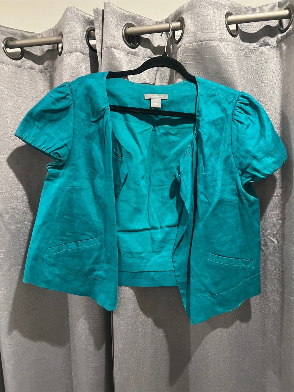 Ann Taylor Teal Short-Sleeve Open Front Jacket
